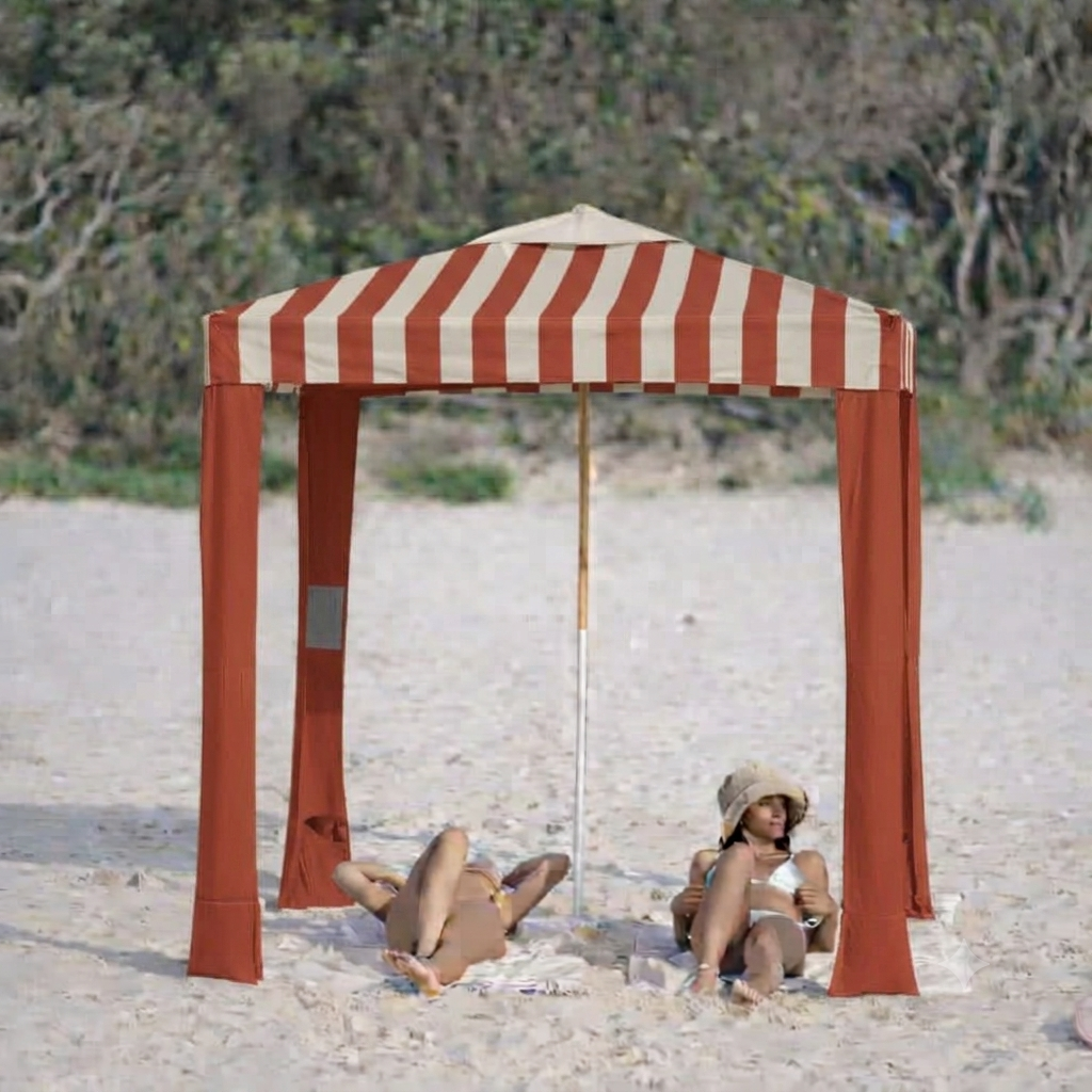 SONSOLE Cabana in Menorca Terra red stripe on sandy beach